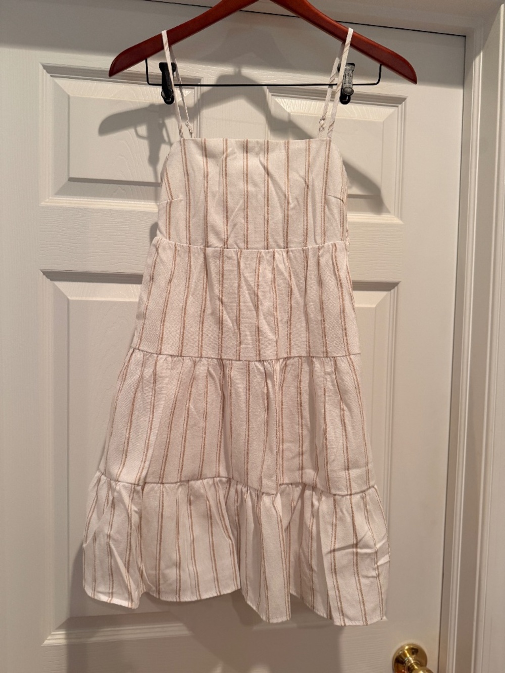 Almost Famous White Beige Striped Tiered Mini Dress Coastal Linen Blend Smock XS